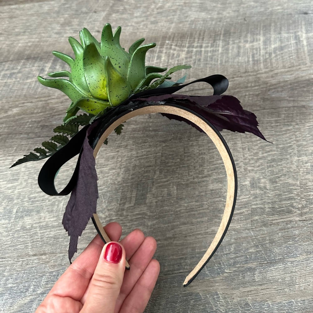 Handmade Designer Fascinator Headband Black Green Purple Thistle Artichoke Bow - Picture 10 of 16